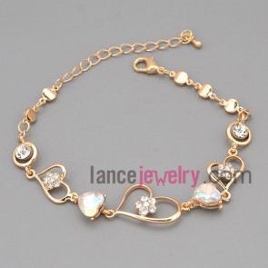 Romantic bracelet with gold zinc alloy and metal chain decorate shiny rhinestone with cute flower & heart shape