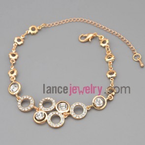Nice bracelet with gold zinc alloy and metal chain decorate many small size rhinestone with rings