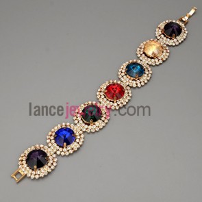 Colorful bracelet with brass claw chain decorated shiny rhinestone and multicolor crystal 
