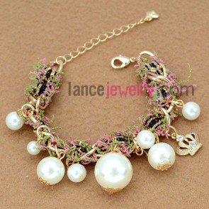 Retro rhinestone & beads pendants decoration alloy chain link bracelet
