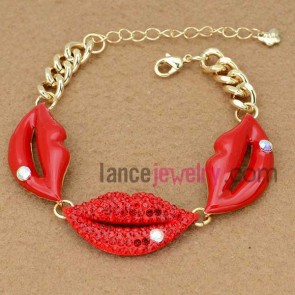 Attractive red lips & rhinestone decoration  chain link bracelet