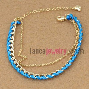 Simple alloy chain link bracelet decorated with a blue rope winding
 