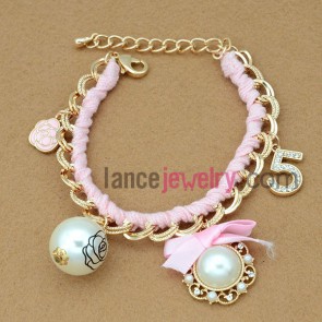 Pleasant pink string & beads decoration chain link bracelet