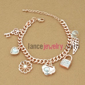 Shiny flower & wing decoration alloy chain link bracelet
