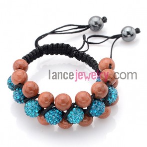 Elegant blue color rhinestone decorated weaving bracelet