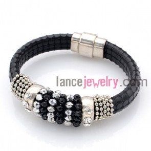 High quality crystal & rhinestone beads decorated leather bracelet