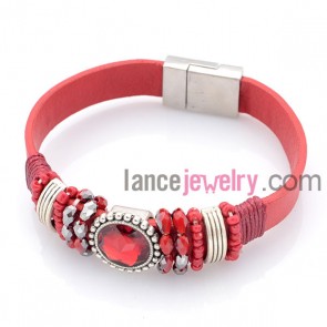 Trendy red crystal & rhinestone beads decorated leather bracelet