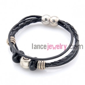 Fashion alloy findings ornate black color leather bracelet