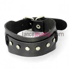Cool bracelet with black leather decorated rivets and aluminum pin buckle 
