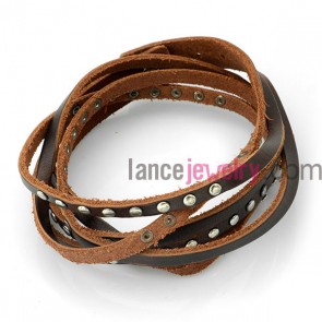 Special bracelet with brown leather decorated rivet and aluminum studs