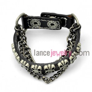 Cute bracelet with gray leather decorated metal chain and alloy graphics and snap fastener 
