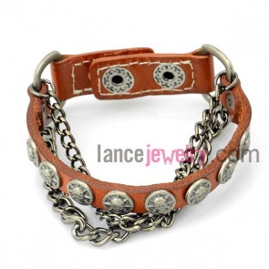 Cute bracelet with orange leather decorated metal chain and alloy graphics and snap fastener 
