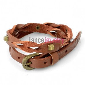 Cool bracelet with orange  leather decorated rivet  and snap fastener 
