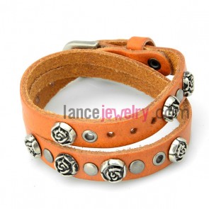 Sweet bracelet with orange leather decorated alloy flower and pin buckle 
 