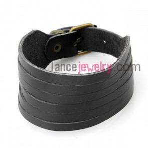 Cool bracelet decorated with black  leather and alloy and brass pin buckle 
