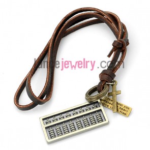 Special bracelet decorated with  brown leather decorated alloy abacus pendant 
