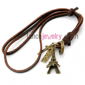 Romantic bracelet decorated with  brown leather decorated alloy eiffel tower pendant
