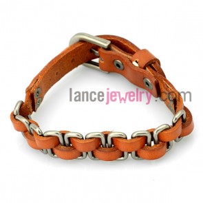 Nice bracelet with orange leather decorated iron ring and pin buckle 

