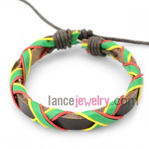 Shiny bracelet with brown  leather decorated colorful rubber