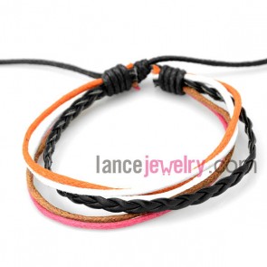 Multicolor bracelet decorated with  black leather wrapped around corlorful rubber


