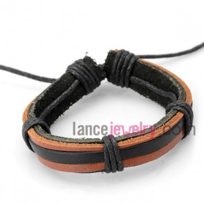 Trendy bracelet decorated with multicolor leather wrapped around  black rubber

