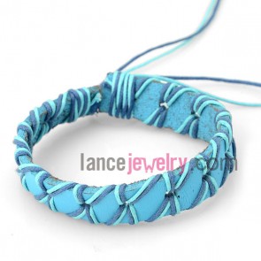 Romantic bracelet decorated with blue leather wrapped around   multicolor rubber
