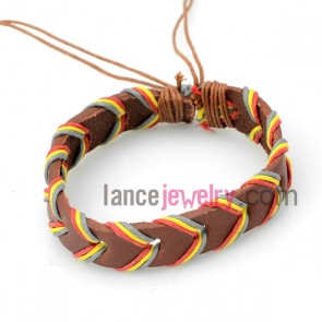 Corlorful bracelet decorated with  multicolor leather wrapped around brown rubber
