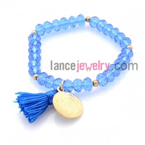 Elegant blue crystal bead bracelet with tassel ornate