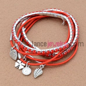 Red rhinestone claw chain & elastic cord wrap bracelet with nice alloy pendants