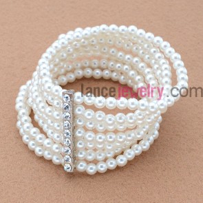 Fashion imitation pearl beads  wrap bracelet with rhinestone finding