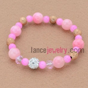 Amazing pink color bead bracelet with rhinestone and alloy findings decorated 