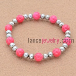 Rose color stone and alloy findings bead bracelet.