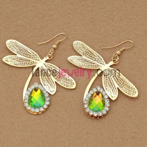 Dazzling earrings with iron flying dragonfly decorated rhinestone and colorful acrylic bead