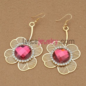 Sweet earrings with iron flower model decorated rhinestone and red acrylic bead