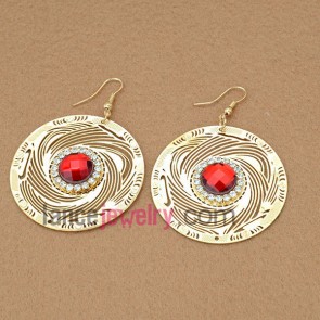 Special earrings with iron circle pendant decorated rhinestone and red acrylic bead