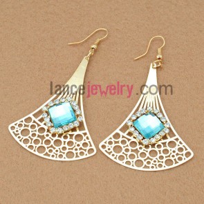 Shiny earrings with iron pendant decorated rhinestone and light blue acrylic bead