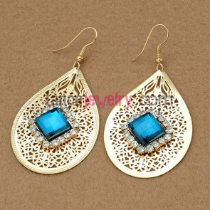 Retro earrings with iron pendant decorated rhinestone and deep blue acrylic bead