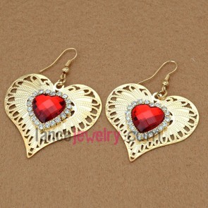 Sweet earrings with iron heart pendant decorated rhinestone and red acrylic bead 