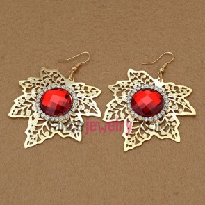 Retro earrings with iron leaves model  pendant decorated rhinestone and red acrylic bead
