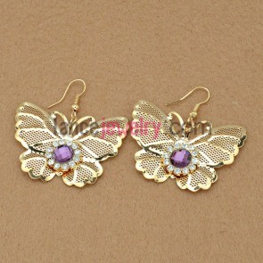Romantic earrings with iron butterfly model pendant decorated rhinestone and purple acrylic bead
