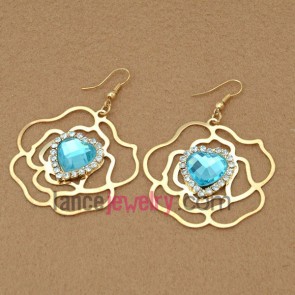 Charming earrings with hollow iron pendant decorated rhinestone and light blue acrylic bead