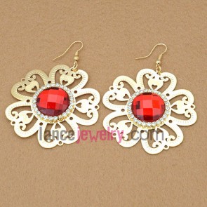 Dazzling earrings with hollow iron flower model pendant decorated rhinestone and red acrylic bead 