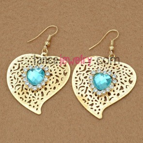 Shiny earrings with hollow iron heart model pendant decorated rhinestone and light blue acrylic bead 