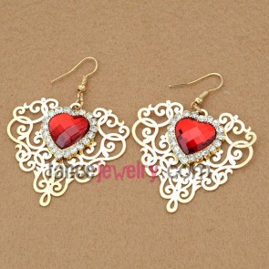 Sweet earrings with hollow iron heart model pendant decorated rhinestone and red acrylic bead 
