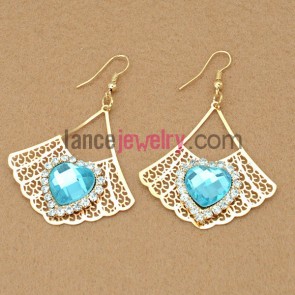 Shiny earrings with hollow iron pendant decorated rhinestone and light blue acrylic bead 