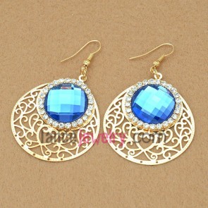 Retro earrings with hollow iron pendant decorated rhinestone and blue acrylic bead 
