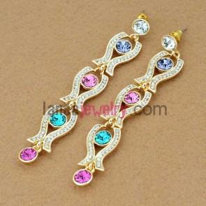 Lovely fish model earrings with crystal & rhinestone decoration
