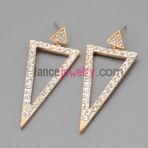 Striking earrings with gold zinc alloy decorated shiny rhinestone with hollow triangle