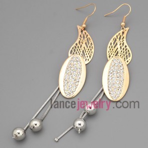 Elegant earrings with gold zinc alloy decorated shiny rhinestone and ccb beads