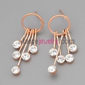 Shiny earrings with gold zinc alloy decorated shiny rhinestone pendant